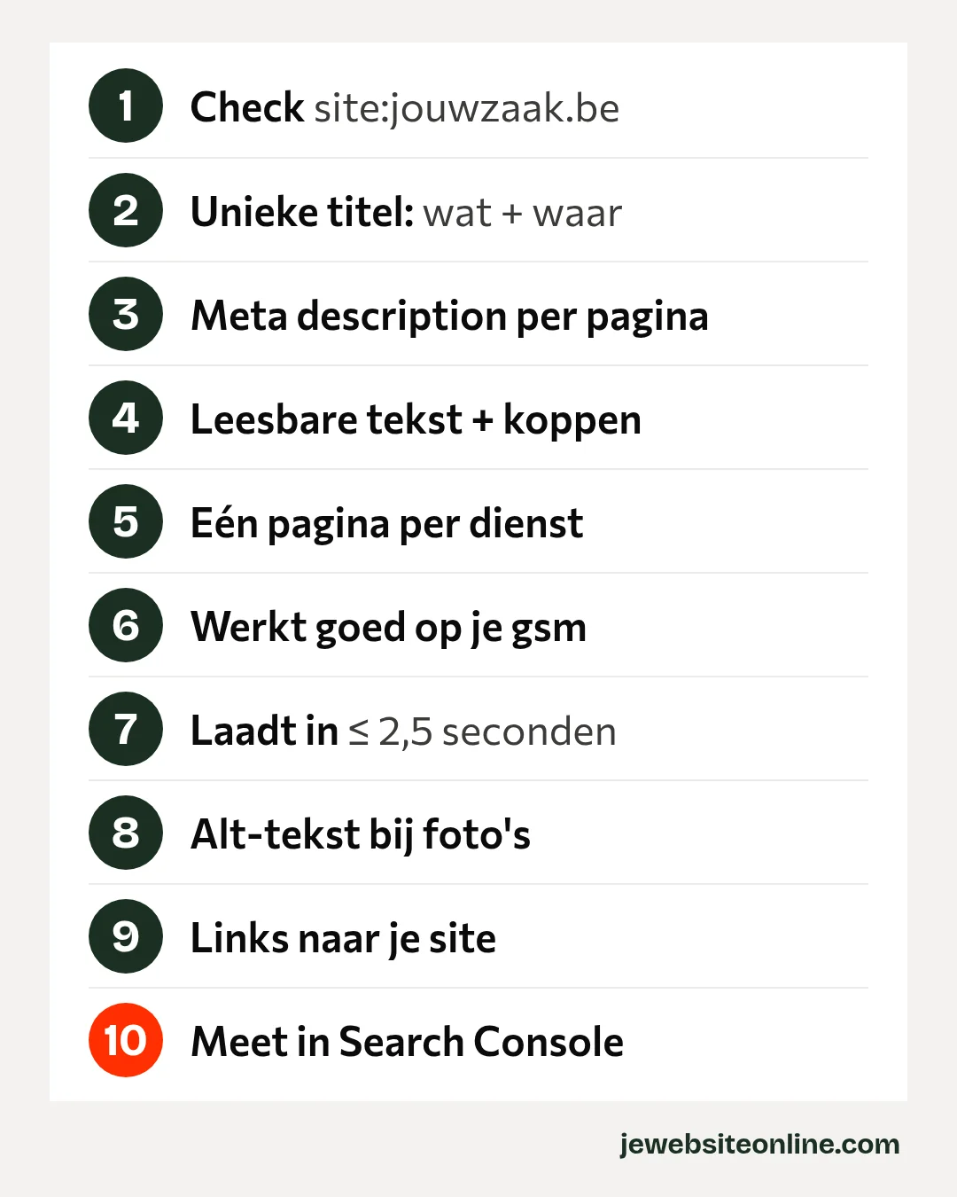Checklist met 10 gratis SEO-basics voor kleine ondernemers: check site: in Google, unieke paginatitel, meta description, duidelijke koppen, één pagina per dienst, mobielvriendelijk, snel laden, alt-tekst bij foto's, links naar je site en Google Search Console